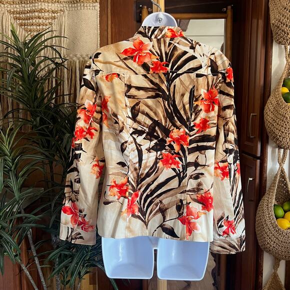 Chico’s Floral Bomber Jacket M | Tropical Zip Up Lightweight Resort Coat Coral - Picture 2 of 6